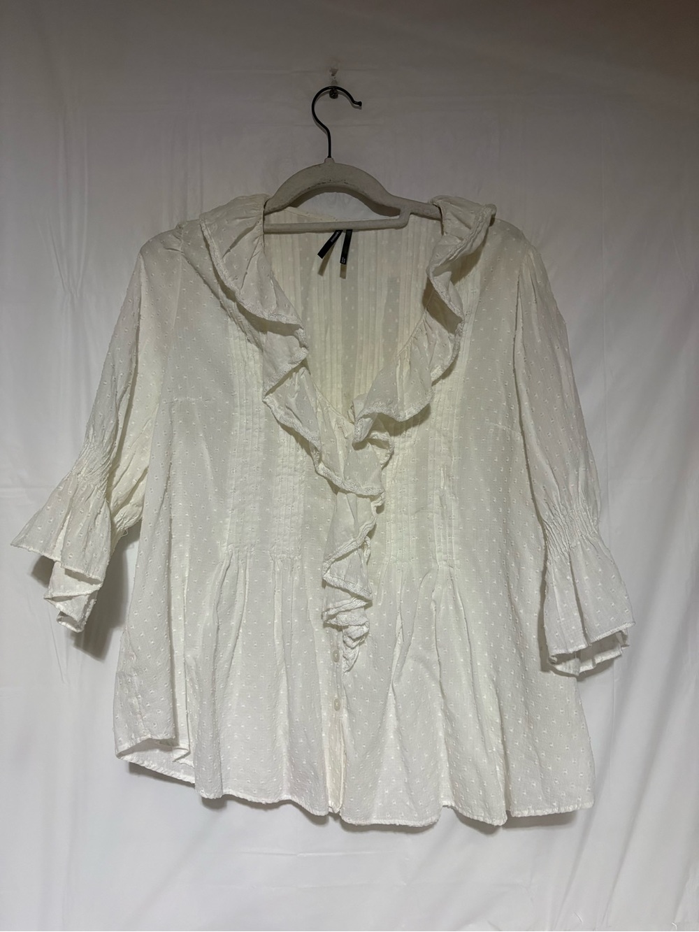 Anthropologie Cream Ruffle V-Neck Swiss Dot Blouse